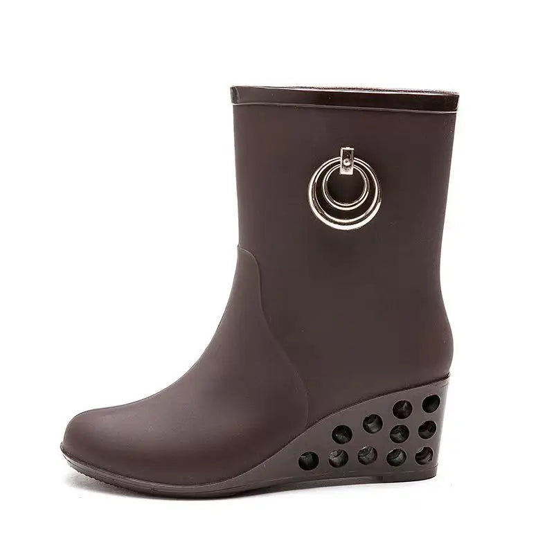 Women's Four Seasons New Wedges High Top Rain Boots Soft Sole Non Slip Waterproof High Quality Round Toe Slip On Water Shoes