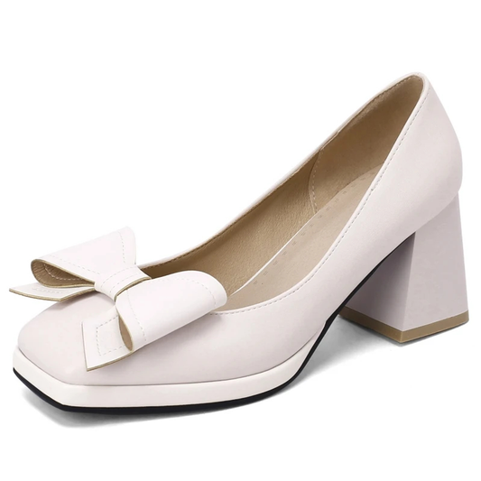 Sweet Bow-Tied Women’s Heels – Elegant Blue/Red Block Heels, Medium Heel Pumps, Large Sizes for Office, Party & Wedding