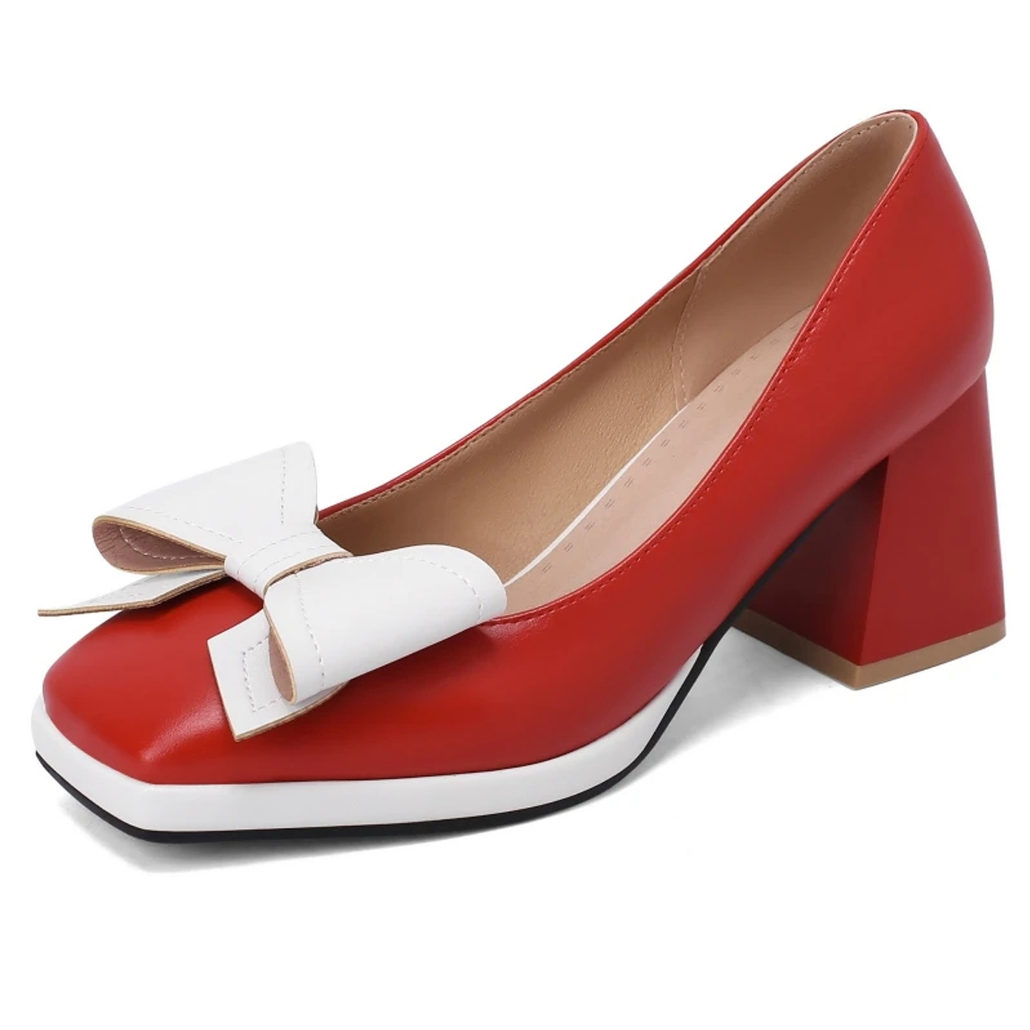Sweet Bow-Tied Women’s Heels – Elegant Blue/Red Block Heels, Medium Heel Pumps, Large Sizes for Office, Party & Wedding
