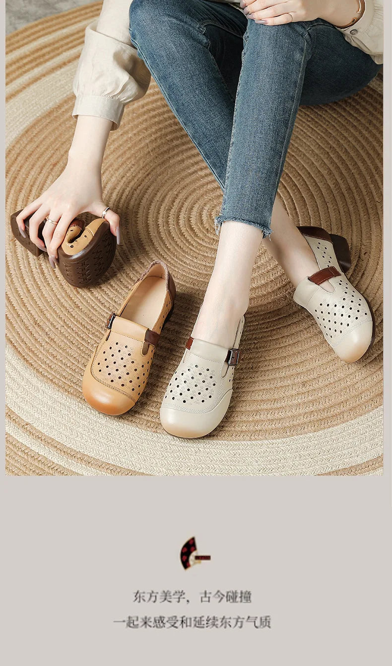 Ancient Low Heels Women’s Buckle Pumps – Elegant Cutout Summer Sandals for Ladies, Comfortable Mom Heeled Shoes