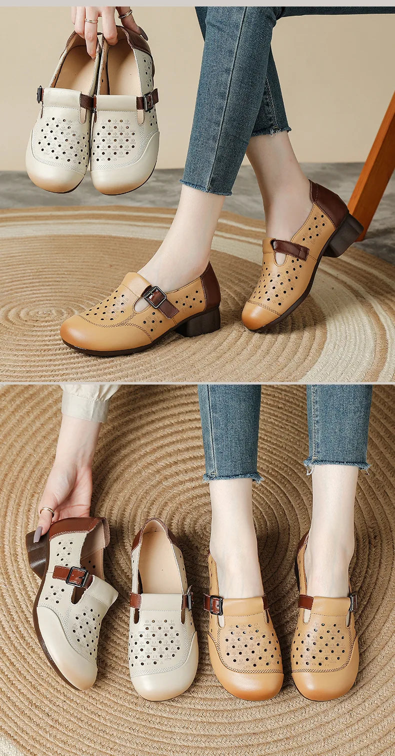 Ancient Low Heels Women’s Buckle Pumps – Elegant Cutout Summer Sandals for Ladies, Comfortable Mom Heeled Shoes