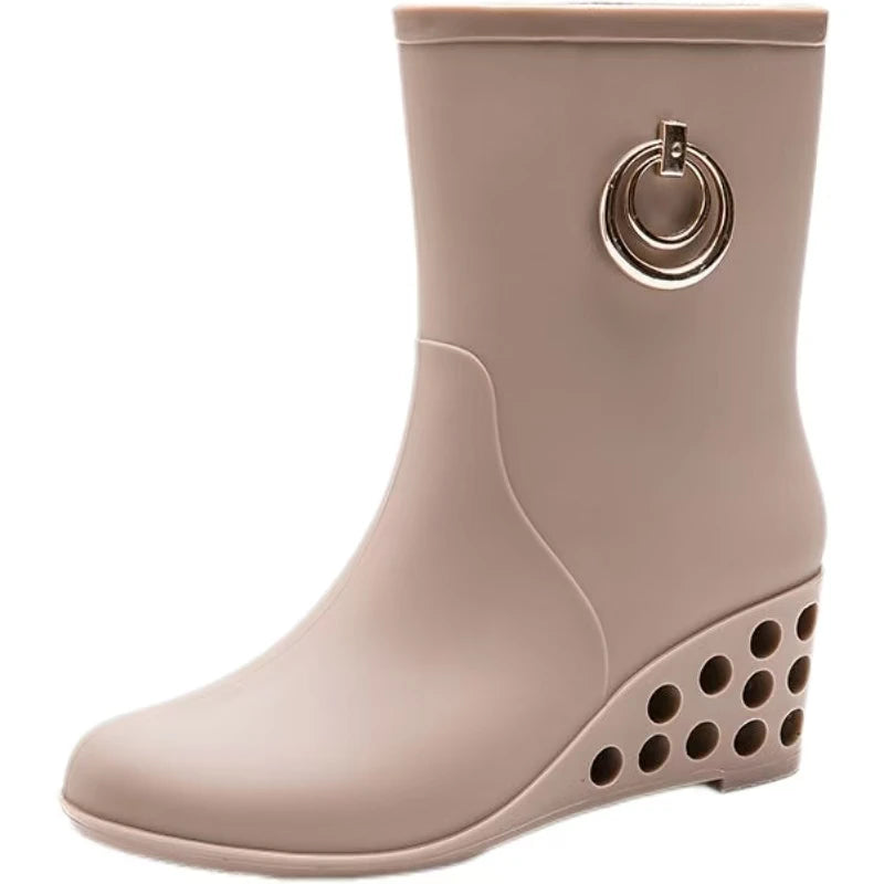 Women's Four Seasons New Wedges High Top Rain Boots Soft Sole Non Slip Waterproof High Quality Round Toe Slip On Water Shoes
