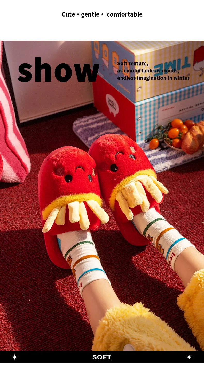 Cute French Fries Warm Fluffy Slippers for Couples