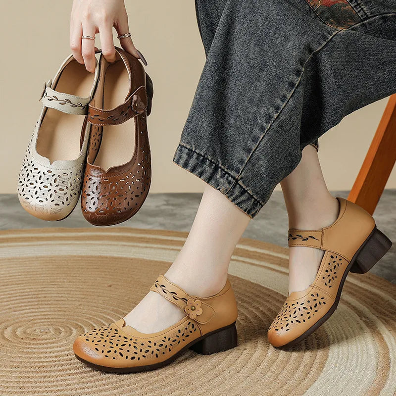 Ancient Low Heels Women’s Buckle Pumps – Elegant Cutout Summer Sandals for Ladies, Comfortable Mom Heeled Shoes
