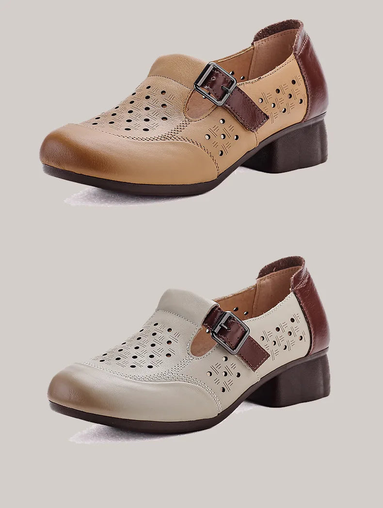 Ancient Low Heels Women’s Buckle Pumps – Elegant Cutout Summer Sandals for Ladies, Comfortable Mom Heeled Shoes