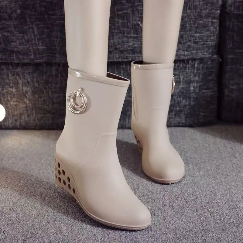 Women's Four Seasons New Wedges High Top Rain Boots Soft Sole Non Slip Waterproof High Quality Round Toe Slip On Water Shoes