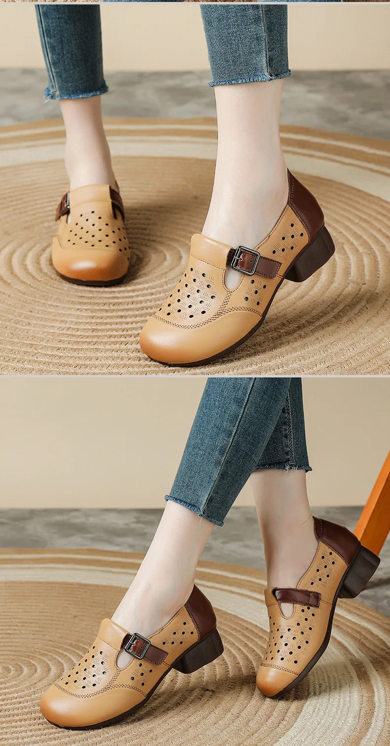 Ancient Low Heels Women’s Buckle Pumps – Elegant Cutout Summer Sandals for Ladies, Comfortable Mom Heeled Shoes