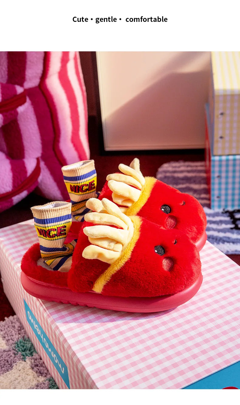 Cute French Fries Warm Fluffy Slippers for Couples