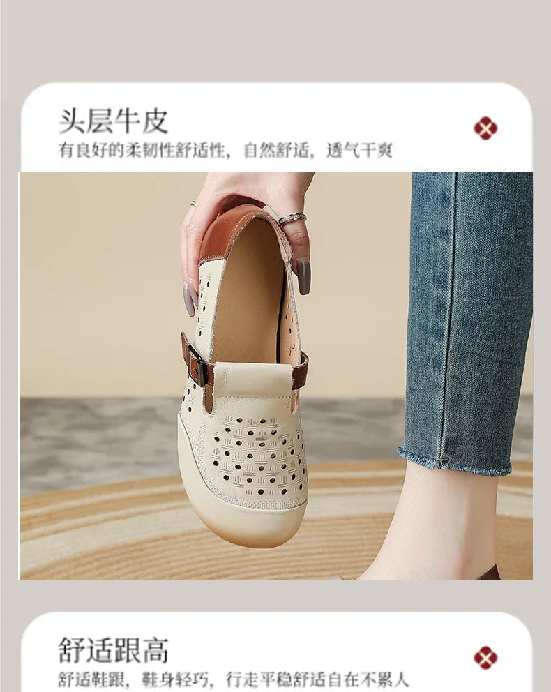 Ancient Low Heels Women’s Buckle Pumps – Elegant Cutout Summer Sandals for Ladies, Comfortable Mom Heeled Shoes