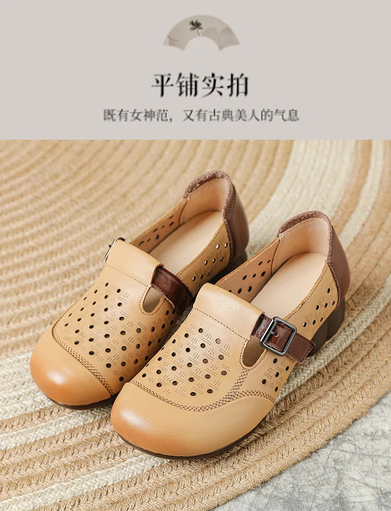 Ancient Low Heels Women’s Buckle Pumps – Elegant Cutout Summer Sandals for Ladies, Comfortable Mom Heeled Shoes