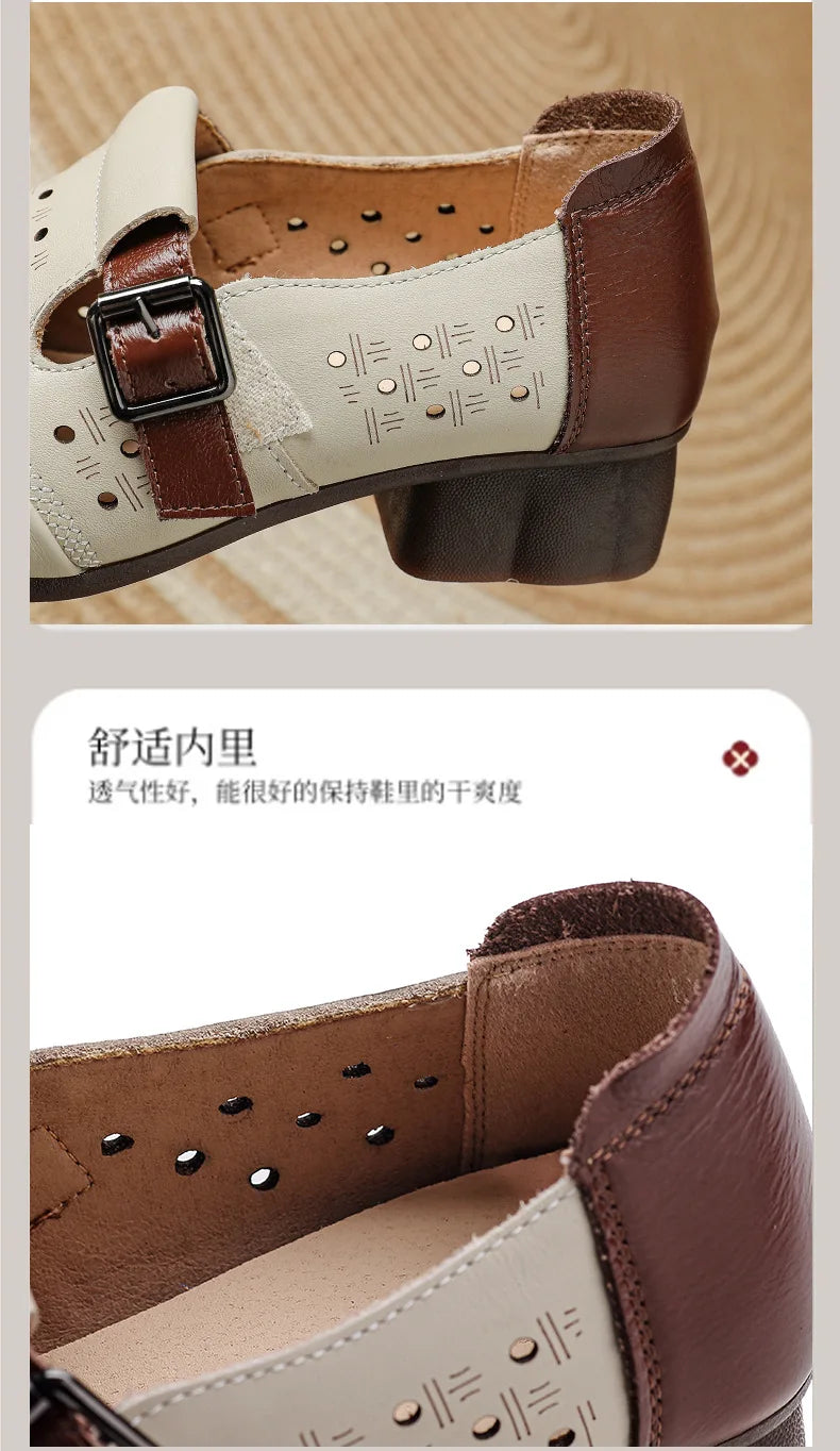 Ancient Low Heels Women’s Buckle Pumps – Elegant Cutout Summer Sandals for Ladies, Comfortable Mom Heeled Shoes