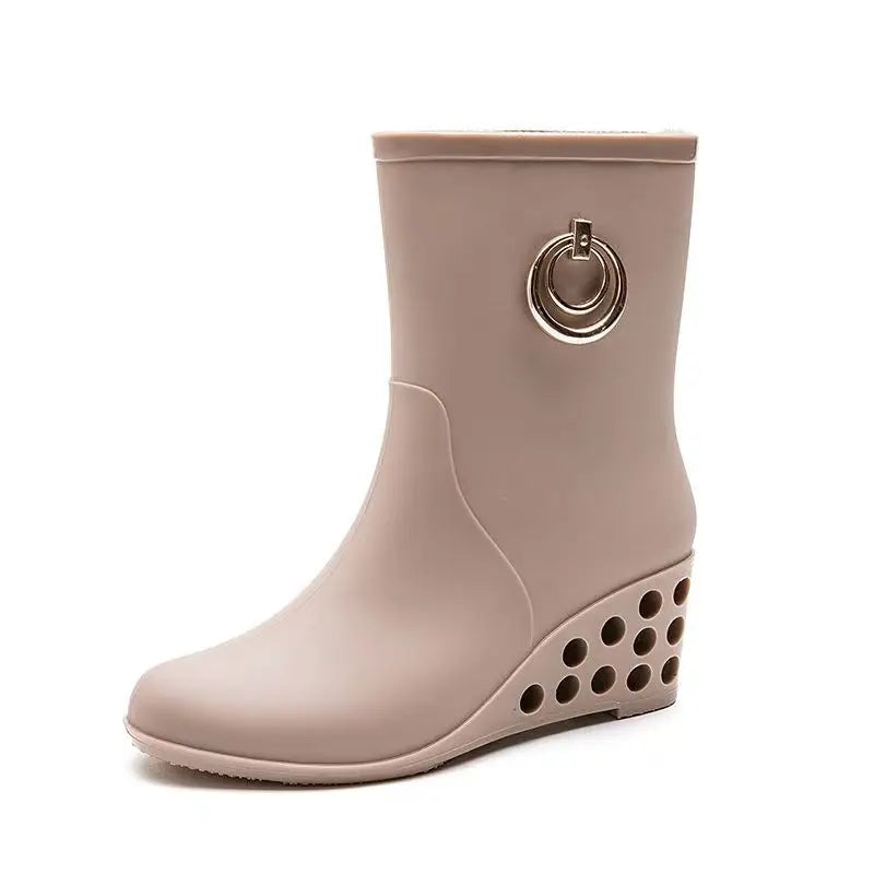 Women's Four Seasons New Wedges High Top Rain Boots Soft Sole Non Slip Waterproof High Quality Round Toe Slip On Water Shoes