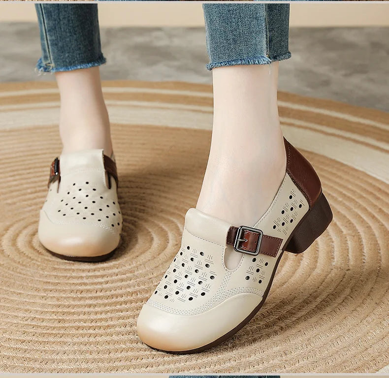 Ancient Low Heels Women’s Buckle Pumps – Elegant Cutout Summer Sandals for Ladies, Comfortable Mom Heeled Shoes
