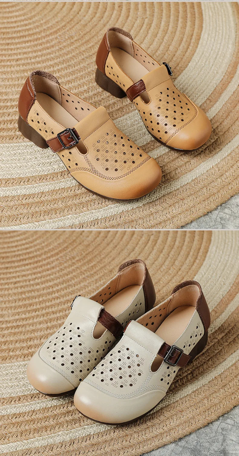 Ancient Low Heels Women’s Buckle Pumps – Elegant Cutout Summer Sandals for Ladies, Comfortable Mom Heeled Shoes