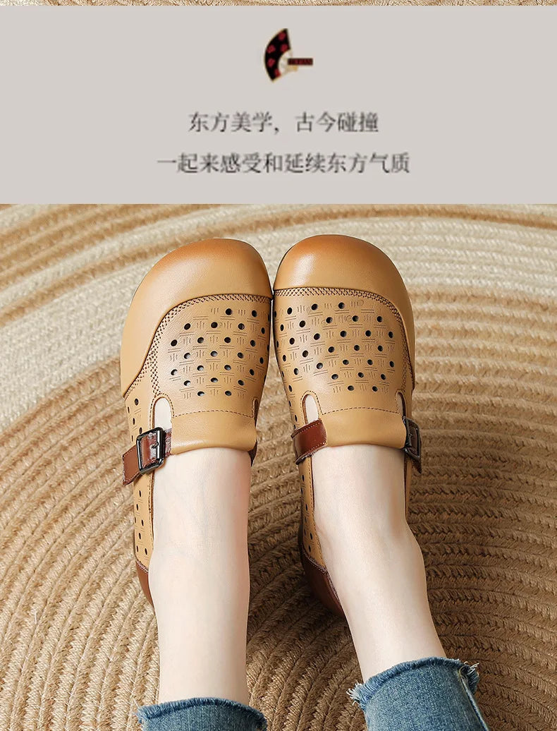 Ancient Low Heels Women’s Buckle Pumps – Elegant Cutout Summer Sandals for Ladies, Comfortable Mom Heeled Shoes