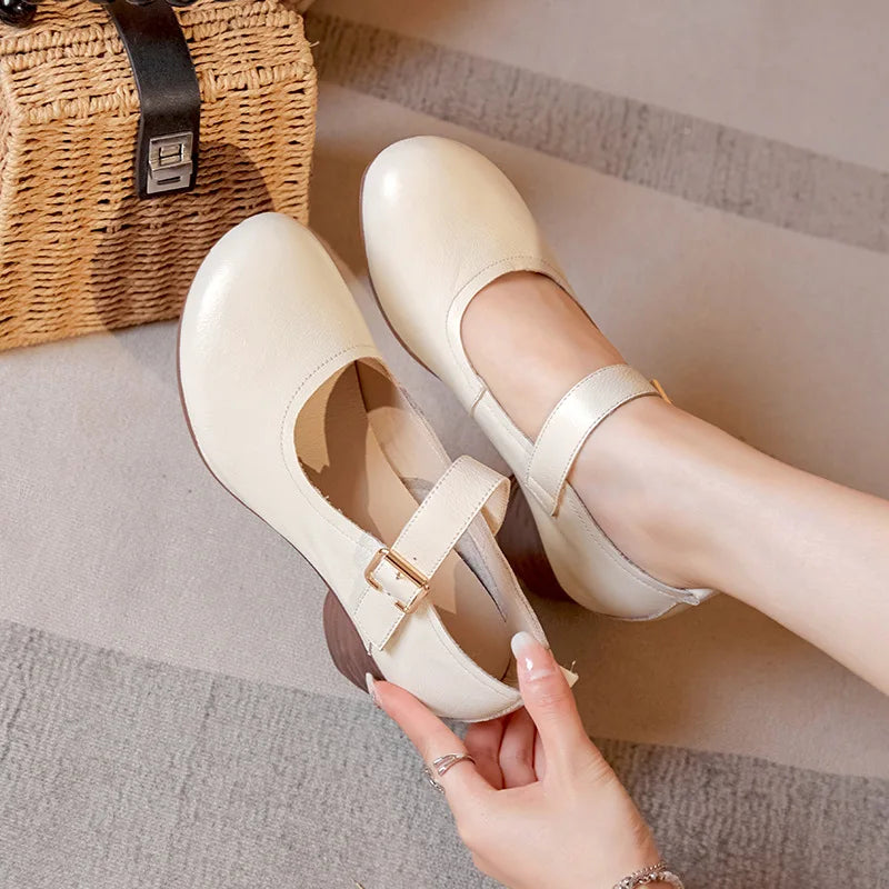 Ancient Low Heels Women’s Buckle Pumps – Elegant Cutout Summer Sandals for Ladies, Comfortable Mom Heeled Shoes