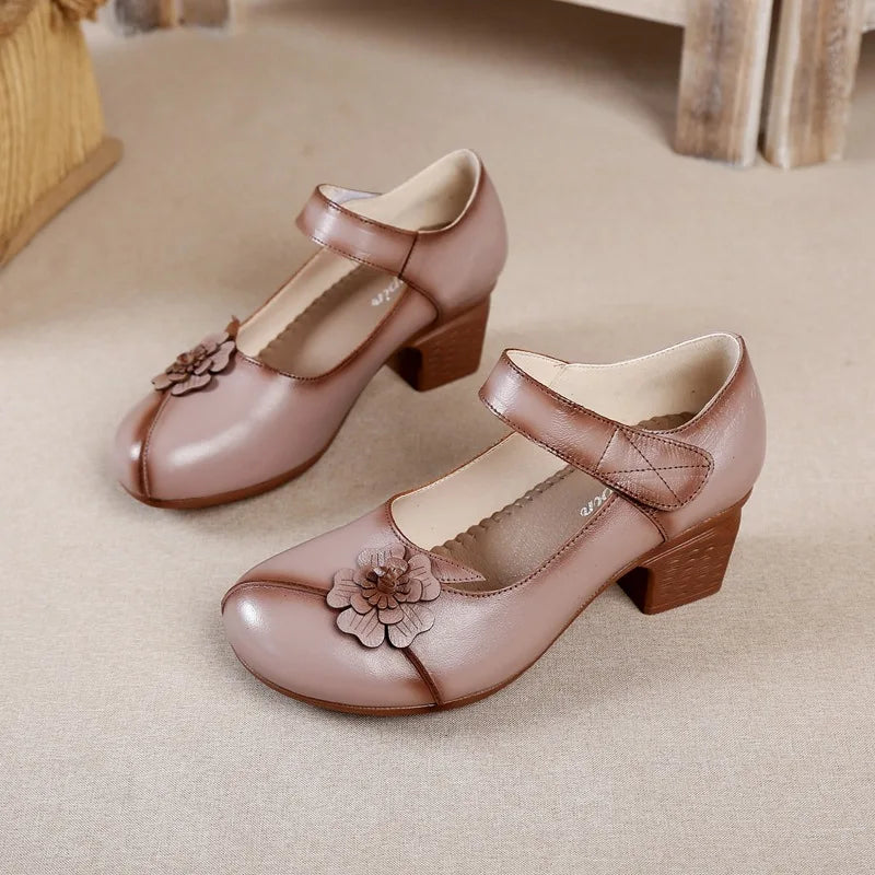 Ancient Low Heels Women’s Buckle Pumps – Elegant Cutout Summer Sandals for Ladies, Comfortable Mom Heeled Shoes