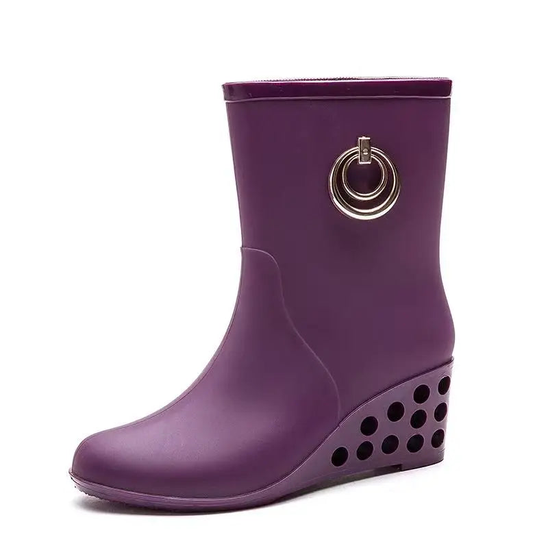 Women's Four Seasons New Wedges High Top Rain Boots Soft Sole Non Slip Waterproof High Quality Round Toe Slip On Water Shoes