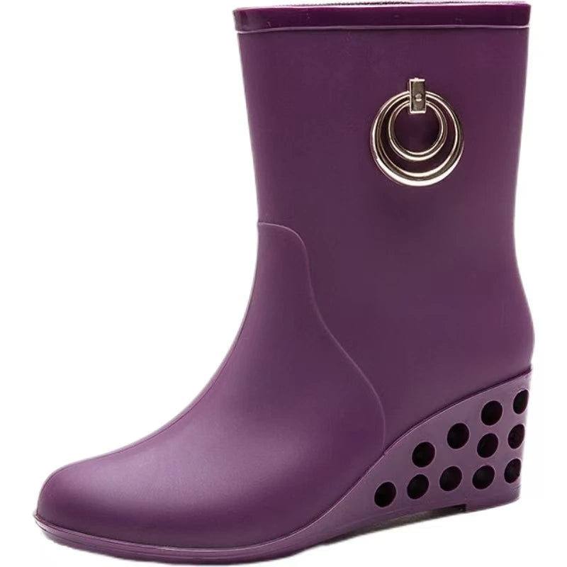 Women's Four Seasons New Wedges High Top Rain Boots Soft Sole Non Slip Waterproof High Quality Round Toe Slip On Water Shoes