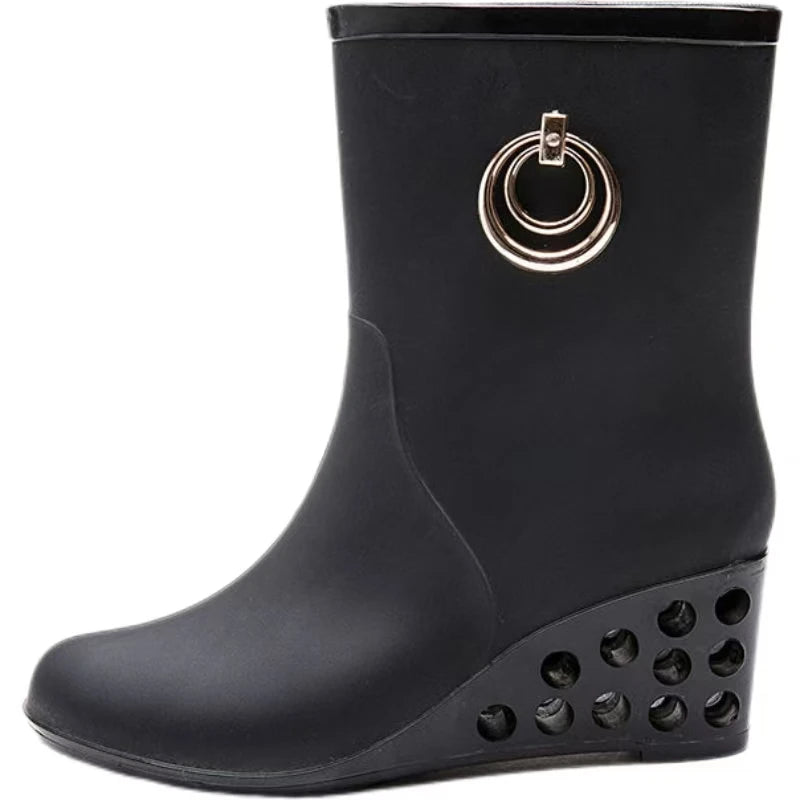 Women's Four Seasons New Wedges High Top Rain Boots Soft Sole Non Slip Waterproof High Quality Round Toe Slip On Water Shoes