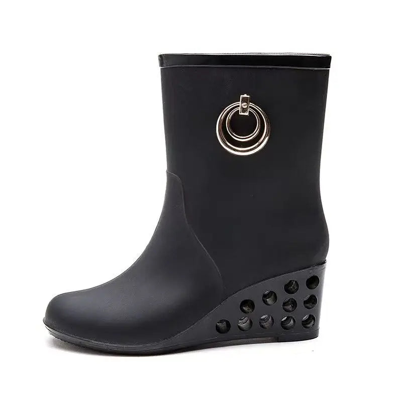 Women's Four Seasons New Wedges High Top Rain Boots Soft Sole Non Slip Waterproof High Quality Round Toe Slip On Water Shoes