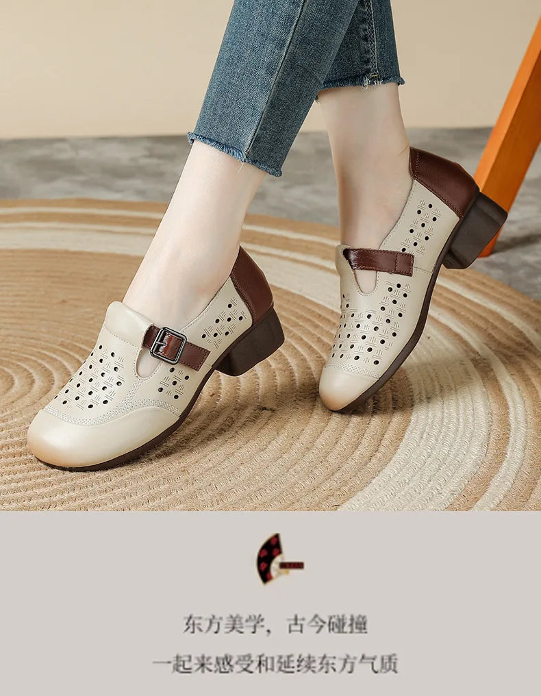 Ancient Low Heels Women’s Buckle Pumps – Elegant Cutout Summer Sandals for Ladies, Comfortable Mom Heeled Shoes