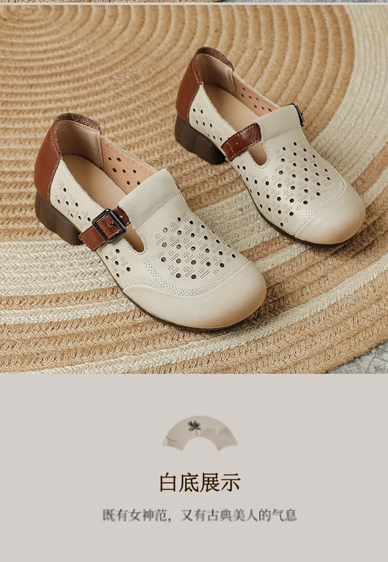 Ancient Low Heels Women’s Buckle Pumps – Elegant Cutout Summer Sandals for Ladies, Comfortable Mom Heeled Shoes