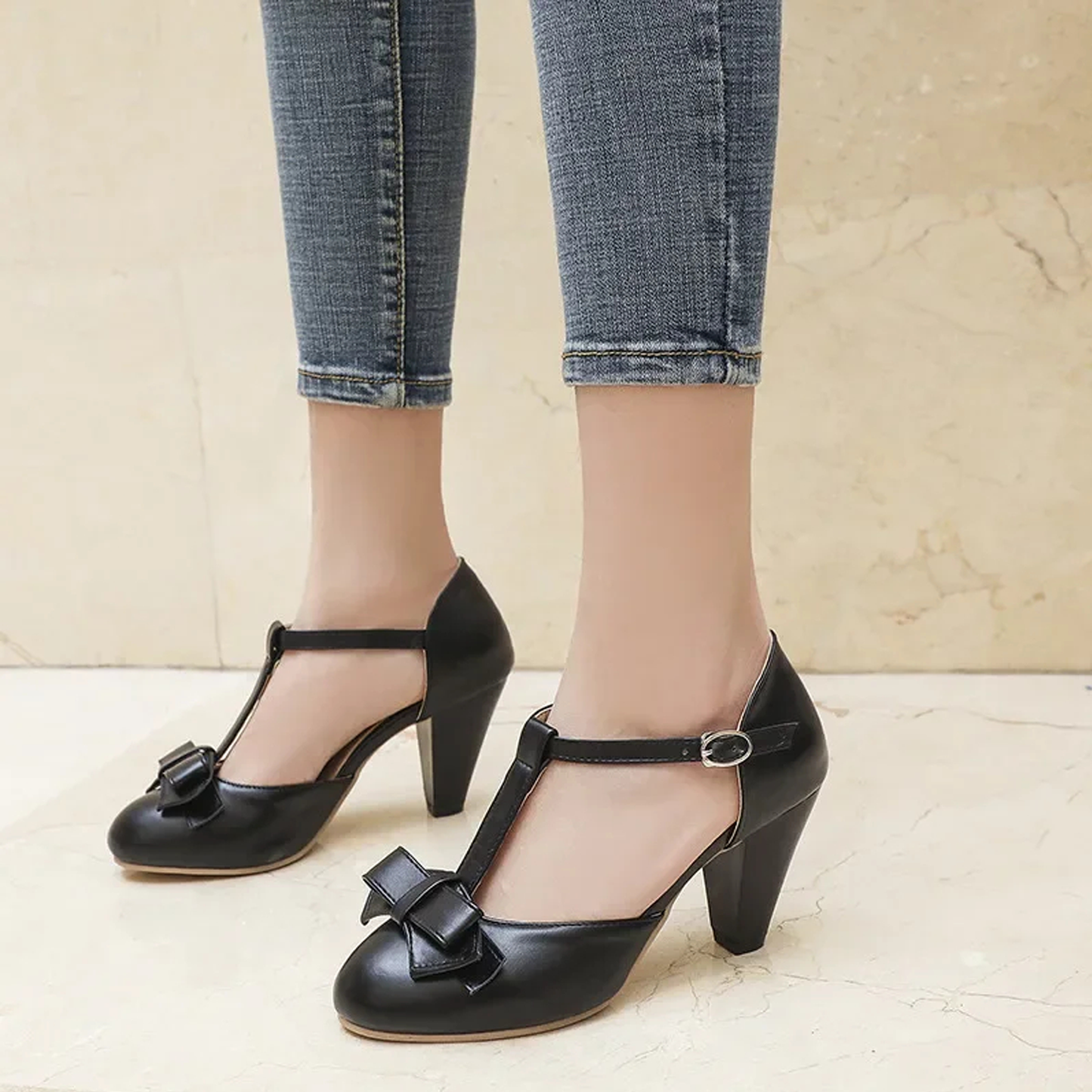 Women’s T-Strap Bow High Heels – Elegant Lolita Style Chunky Sandals