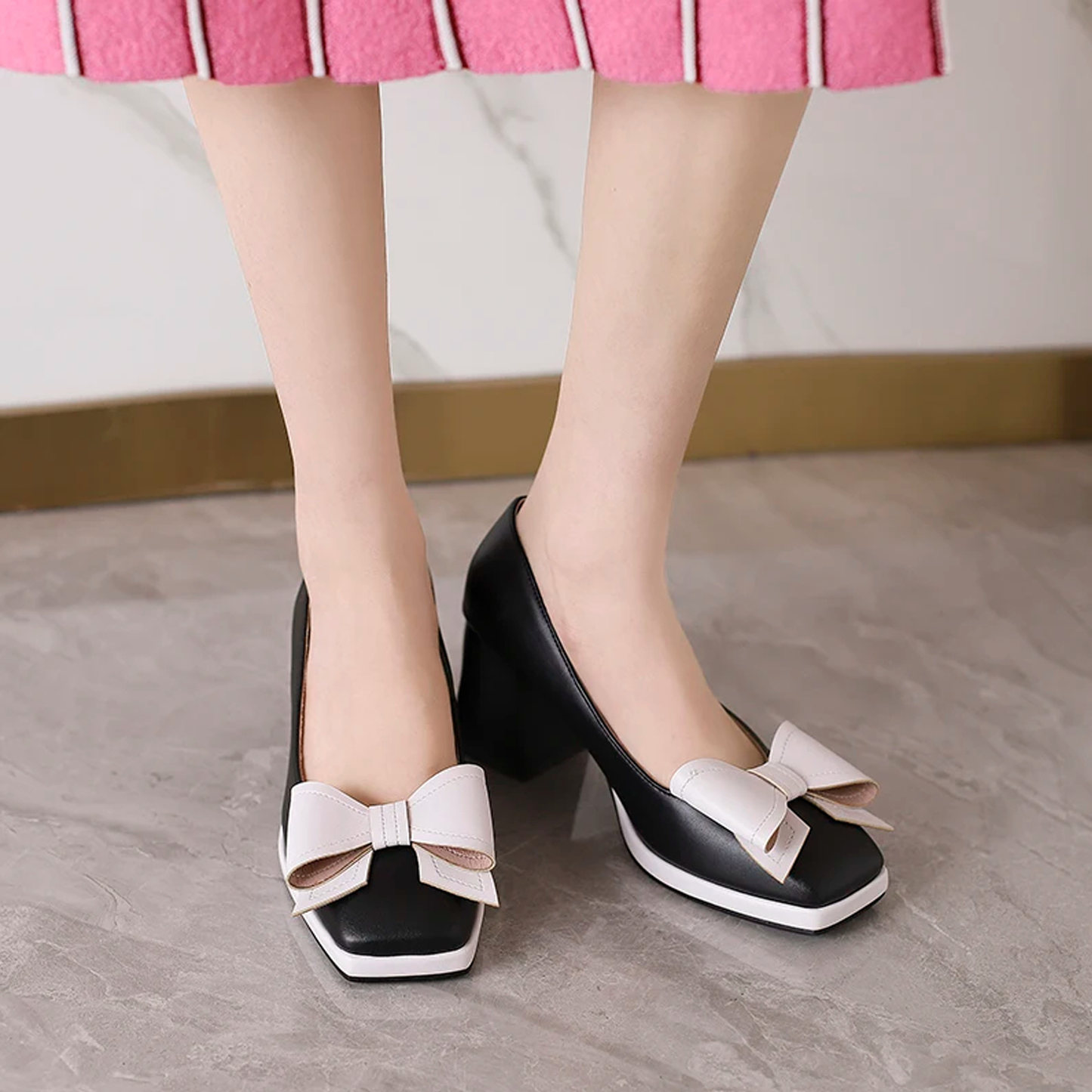 Sweet Bow-Tied Women’s Heels – Elegant Blue/Red Block Heels, Medium Heel Pumps, Large Sizes for Office, Party & Wedding